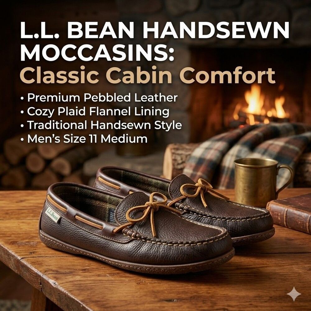 LL Bean Handsewn Flannel Lined Slippers Moccasins Brown Leather Mens Size 11 M